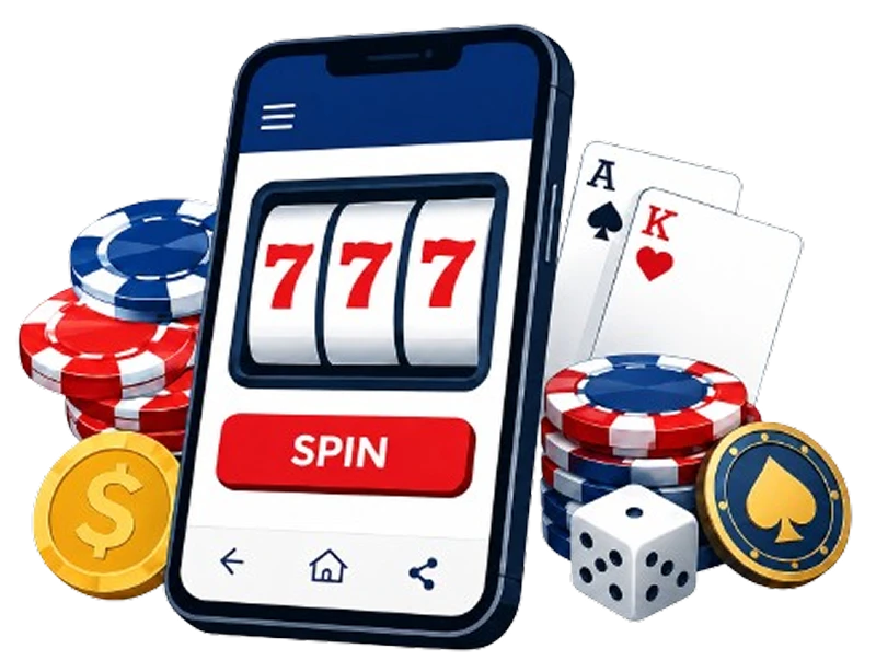 Mobile pokies app illustration with casino chips and cards